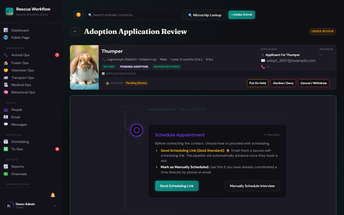 Application review — full applicant details, animal match, and scheduling workflow in one place