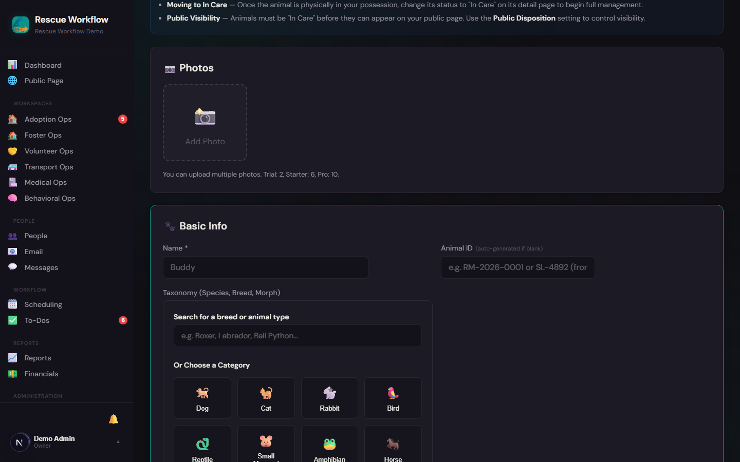 Streamlined intake form — capture all animal details in one place