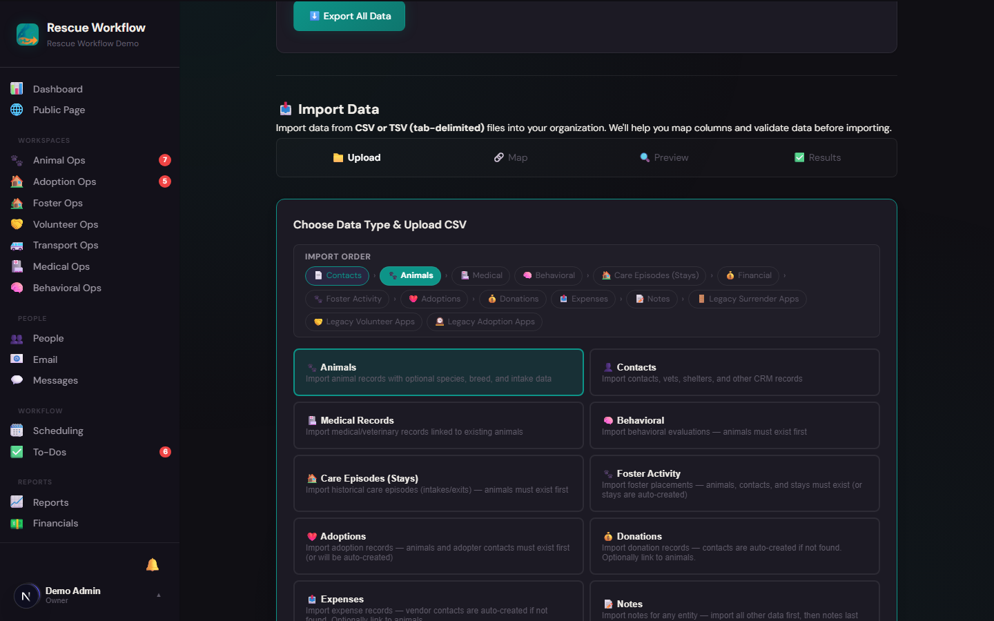 Import wizard — guided 4-step CSV import with column mapping and validation