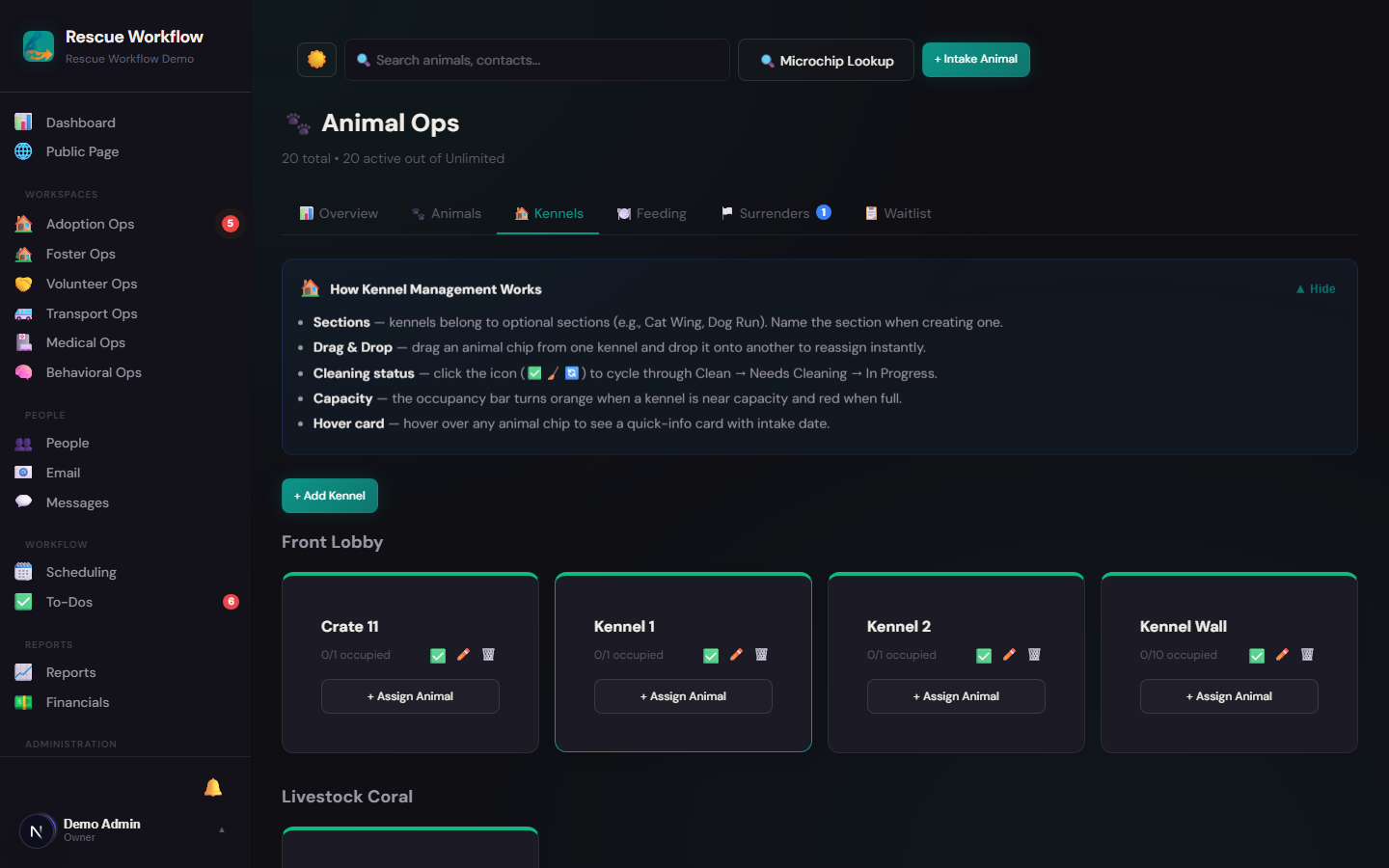 Kennel grid — live occupancy view for every run and room in your shelter