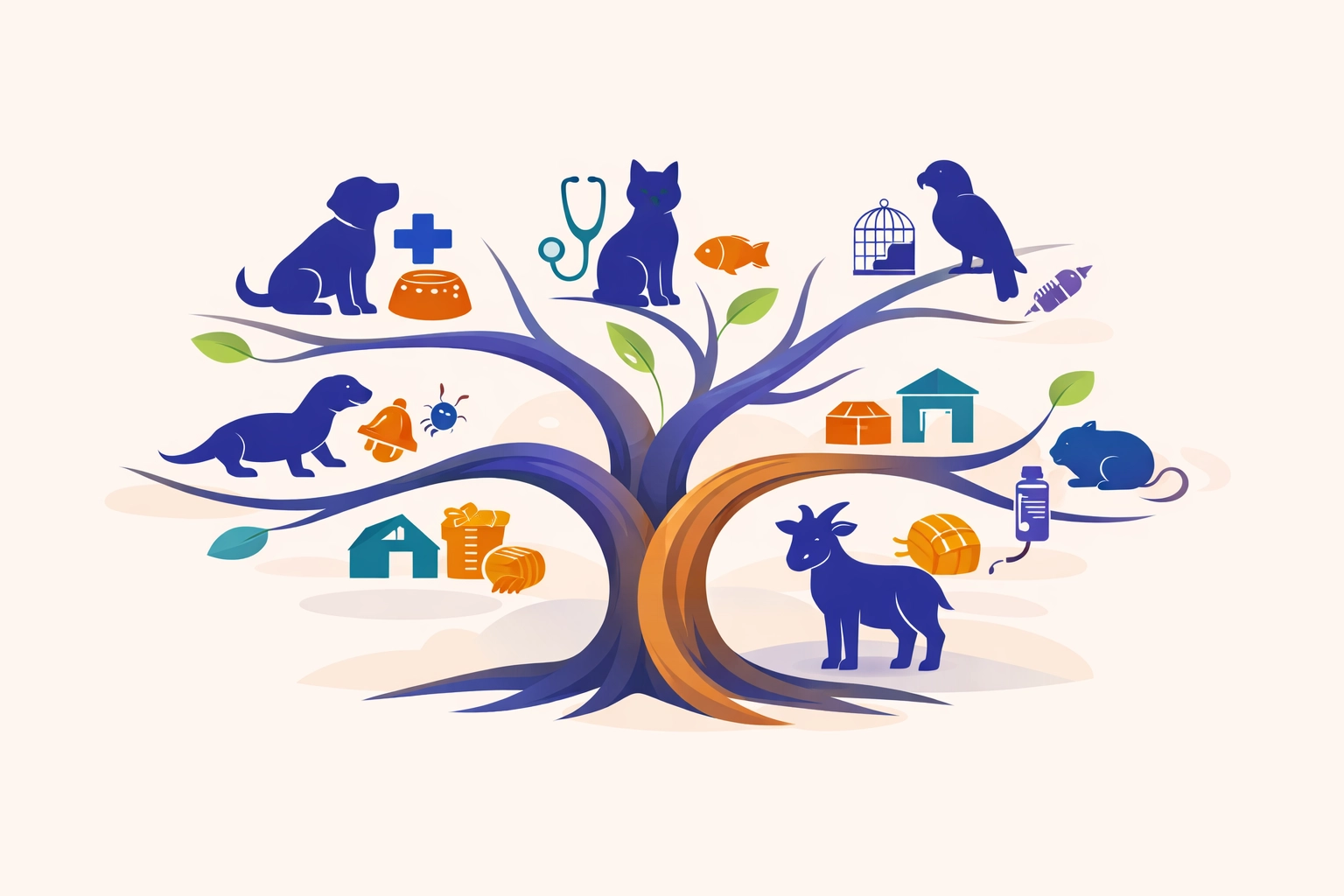 A branching classification tree connecting many animal species to shared care categories like intake, medical, and housing