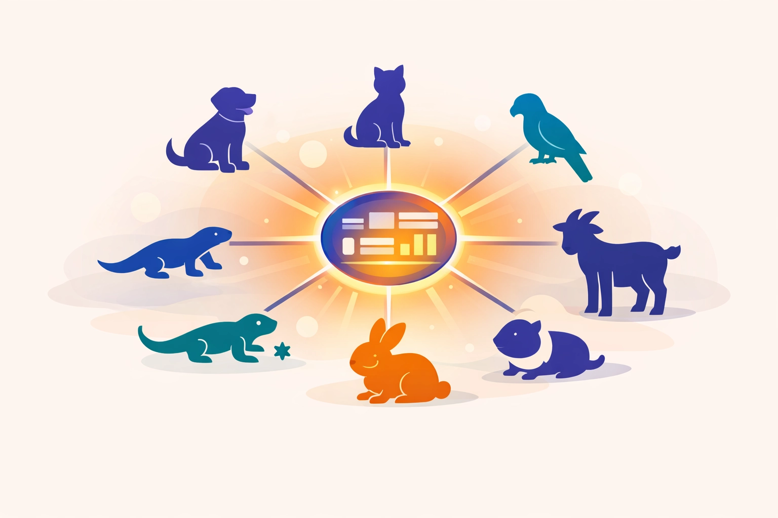 A single unified rescue platform dashboard radiating out to icons of many different animal species, symbolizing one system for every kind of animal