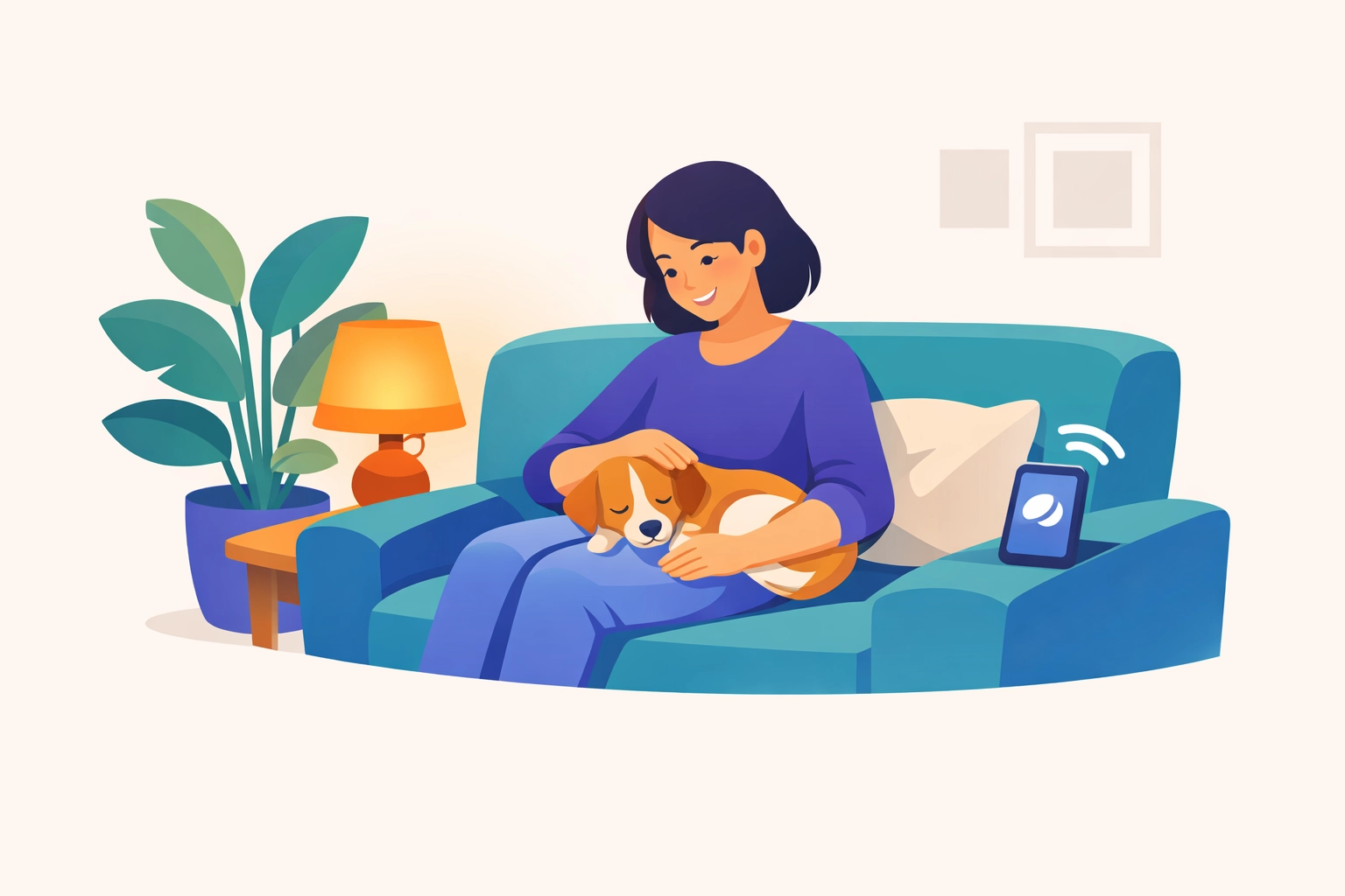 A foster caregiver at home gently tending to a dog on a couch, with a phone nearby showing a simple update being shared